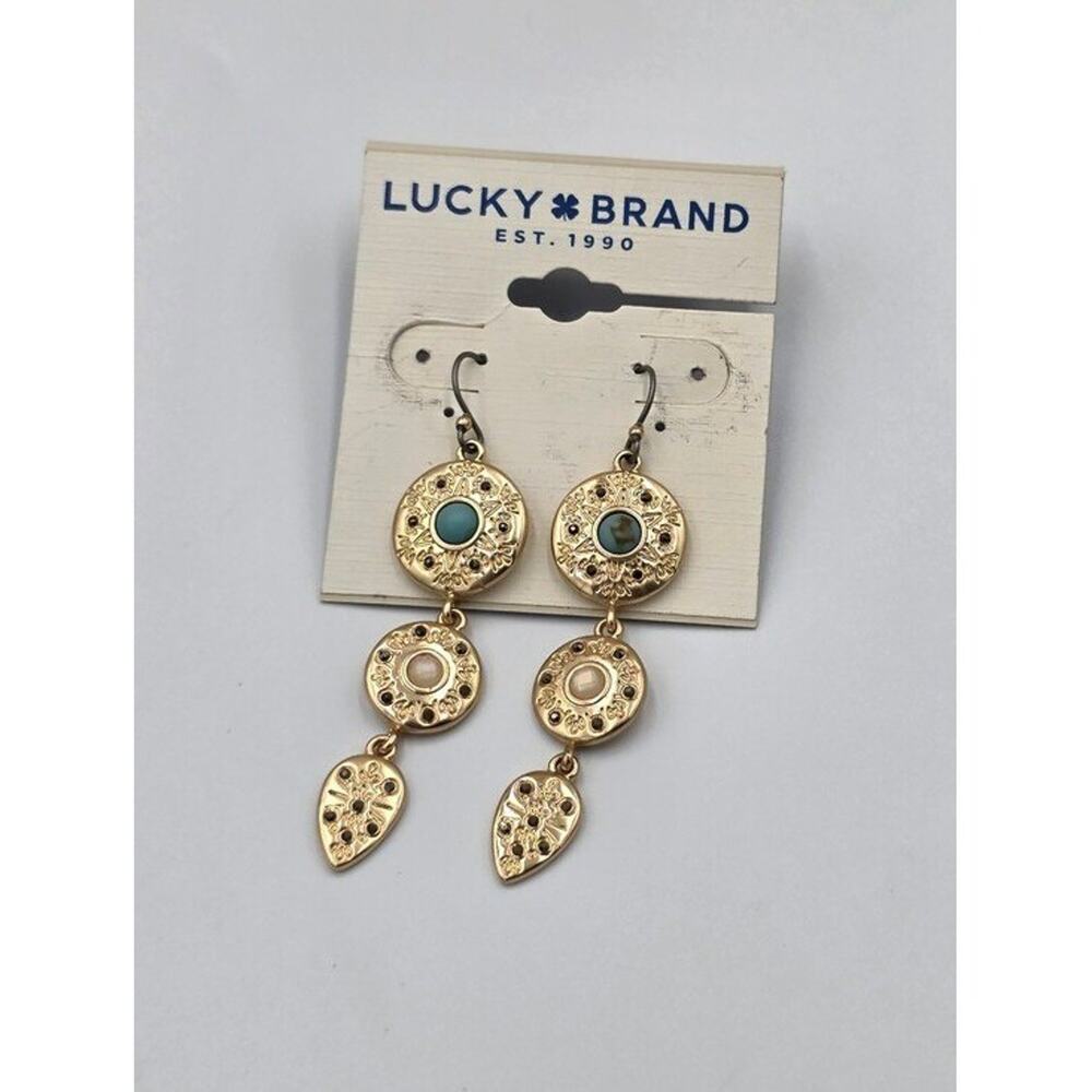 Lucky Brand Gold Tone Turquoise Pearl Three Tier Boho Drop Earrings NEW